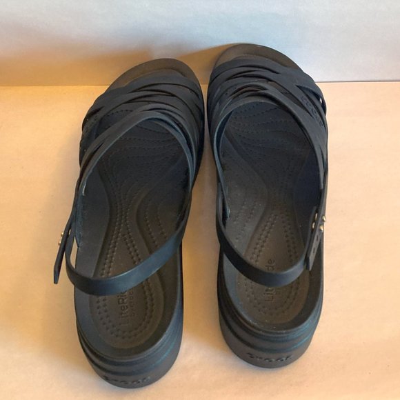 Black Crocs Strappy Sandals LiteRide Platform Women's 11 Comfortable Wedge Soft - Picture 3 of 7
